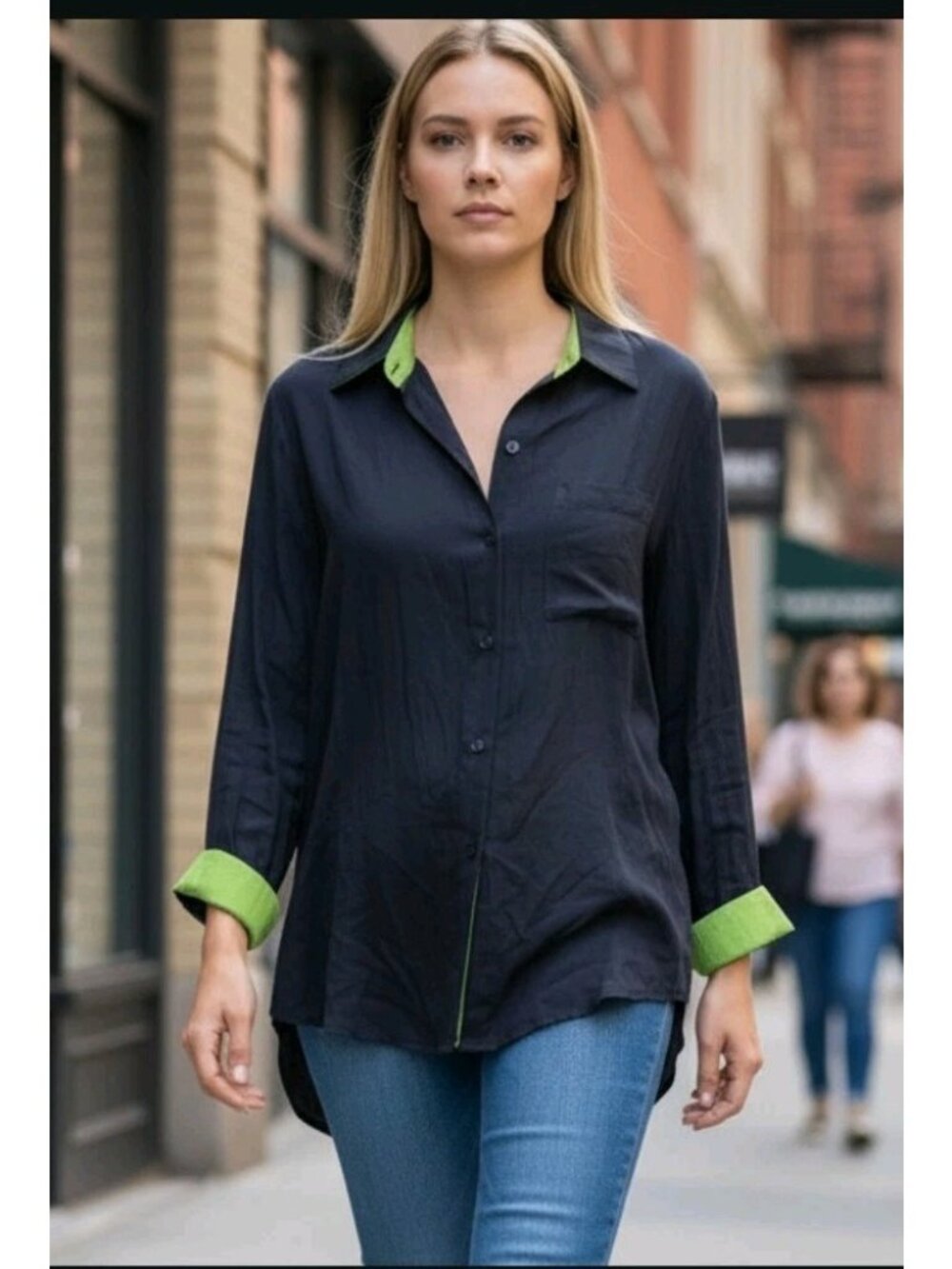 90s Womens Silk Button Up Blouse Shirt Top Size M‎ Navy Blue Longsleeve VTG